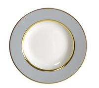 The Recamier Grey & Gold Dinnerware by Royal Limoges is a round white dinner plate made in France, featuring a wide pale gray border and gold trim on the inner and outer edges, shown empty from above on a white background.