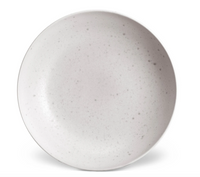 A round, shallow, light gray Terra Stone Dinnerware plate by L'Objet, featuring a subtle speckled pattern, is shown from above on a white background.