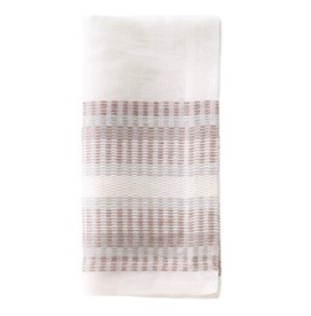 The Bodrum Metro Napkin Neutral Set of 4 features white cloth napkins with light brown and gray stripes. Both stylish and machine washable, these woven napkins add elegance and easy care to your table.