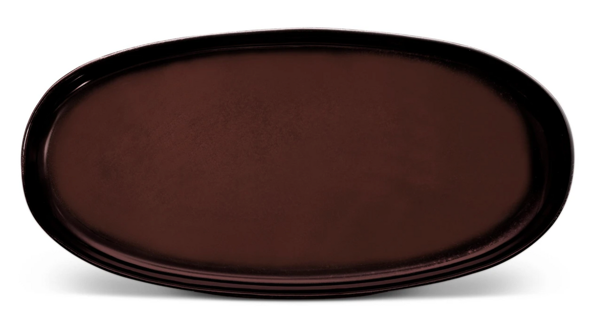 The Terra Wine Dinnerware serving platter by L'Objet is a large, oval, dark brown handcrafted piece with a glossy finish, shown on a white background.