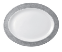 A top view of the Bernardaud Sauvage Grey & Platinum dinnerware plate, featuring an oval shape, white surface, and a platinum snake skin-embossed rim against a plain background.