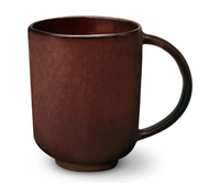 The Terra Wine Dinnerware mug by L'Objet features a dark brown ceramic body with a smooth matte finish and large handle, shown on a white background as part of our handcrafted collection.