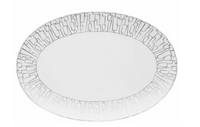 The Rosenthal Skin Platinum TAC 02 Dinnerware is an oval white porcelain plate with a wide rim featuring a geometric silver pattern. The unadorned center highlights its elegant design, showcased on a white background.