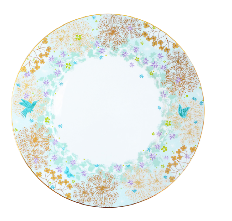 The Fèerie By Michael Cailloux plate by Bernardaud features Limoges porcelain with a white center, blue, gold, and purple floral accents, golden dandelions, and two blue butterflies on the rim from the Fèerie Dinner Collection.