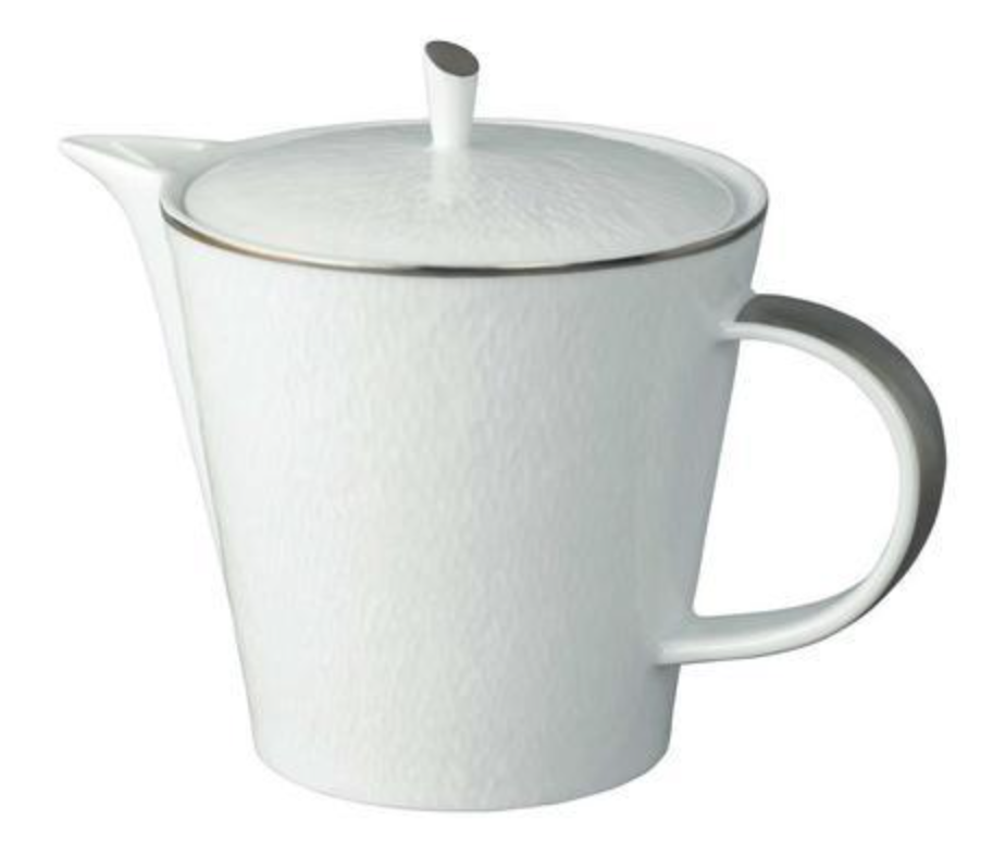The Raynaud Mineral Irise Dinnerware Platinum teapot is crafted from white Limoges porcelain, featuring a modern design with a rounded lid, curved spout, large handle, and accented with thin platinum trim on the rim and handle edges.