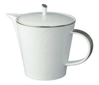 The Raynaud Mineral Irise Dinnerware Platinum teapot is crafted from white Limoges porcelain, featuring a modern design with a rounded lid, curved spout, large handle, and accented with thin platinum trim on the rim and handle edges.