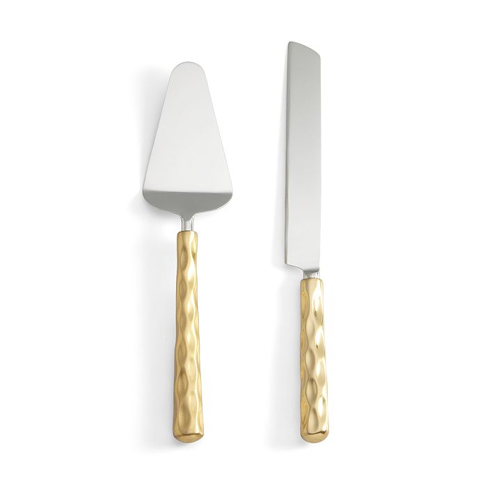 The Michael Wainwright Truro Cake Knife & Server Set Gold features shiny 18/10 stainless steel blades and textured gold handles, displayed side by side on a white background.