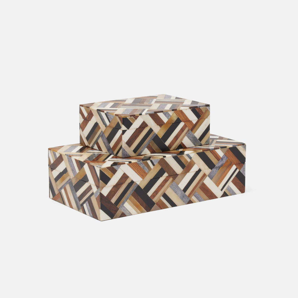 Two handcrafted Hunter Horn Box units stacked on each other, featuring a geometric herringbone pattern of brown, black, white, and gray horn segments.