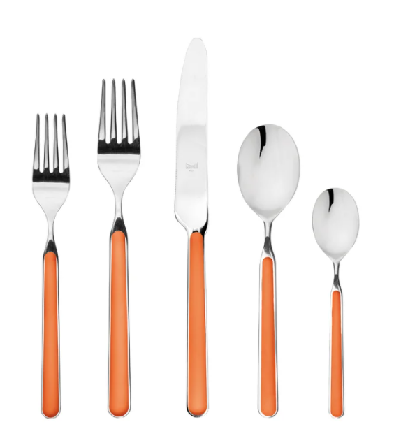 The Mepra Fantasia Flatware 5 Piece Set in orange features stainless steel utensils with resin handles—2 forks, knife, tablespoon, and teaspoon—neatly arranged on a white background.