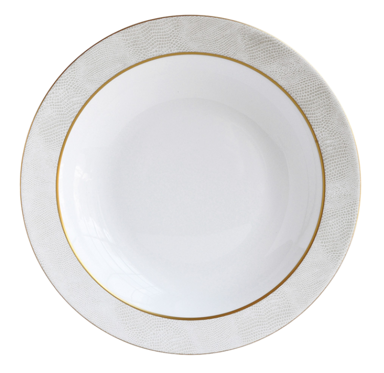 A Bernardaud Sauvage Gold Dinnerware porcelain plate features a subtle snake-skin textured rim and a thin gold band around the edge, shown from above against a white background.