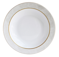 A Bernardaud Sauvage Gold Dinnerware porcelain plate features a subtle snake-skin textured rim and a thin gold band around the edge, shown from above against a white background.