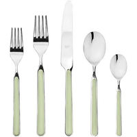 The Mepra Fantasia Flatware 5 Piece Set, available in 16 colors, features dishwasher-safe pieces with resin handles for an elegant table setting; shown here in light green on a white background with two forks, knife, tablespoon, and teaspoon.
