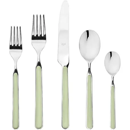 The Mepra Fantasia Flatware 5 Piece Set, available in 16 colors, features dishwasher-safe pieces with resin handles for an elegant table setting; shown here in light green on a white background with two forks, knife, tablespoon, and teaspoon.
