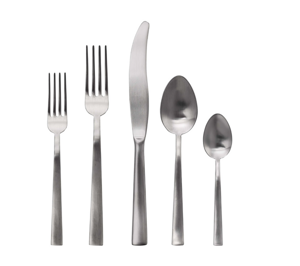 The Mepra Levantina Ice 5Pc Flatware set includes a salad fork, dinner fork, dinner knife, soup spoon, and teaspoon with modern handles, shown side by side on a white background.