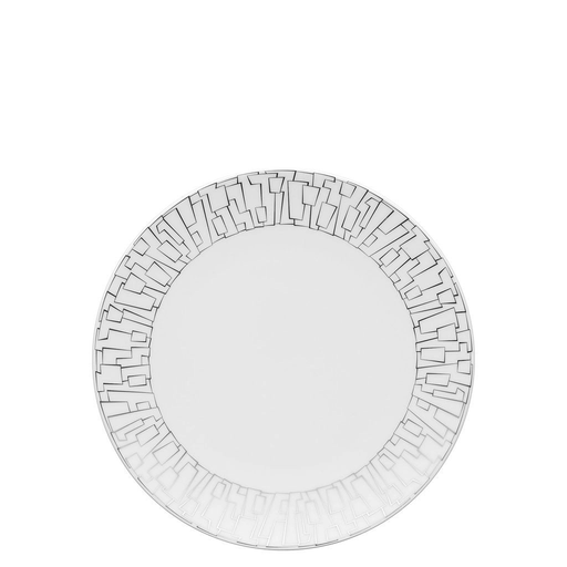 The Rosenthal Skin Platinum TAC 02 Dinnerware plate features a plain white center, platinum accents, and a rim adorned with interlocking black and gray geometric rectangles.