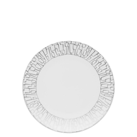The Rosenthal Skin Platinum TAC 02 Dinnerware plate features a plain white center, platinum accents, and a rim adorned with interlocking black and gray geometric rectangles.