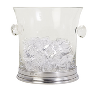 The MATCH Pewter & Crystal Ice Bucket With Handles by MATCH features clear glass with round handles and sits on a lead-free pewter base, partially filled with ice cubes against a white background.