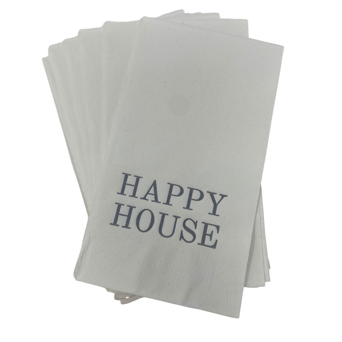 The Print Appeal Guest Hand Towel Pack "Happy House" features white hand towels with "HAPPY HOUSE" printed in gray, perfect for guest towel holders.