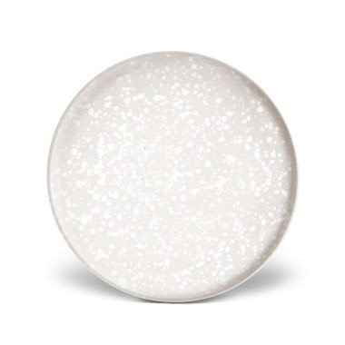 The Alchimie Dinnerware White by L'Objet is a round, white ceramic plate with a subtle speckled pattern, seen from above on a plain white background—a modern, luxury tableware piece that’s dishwasher safe.