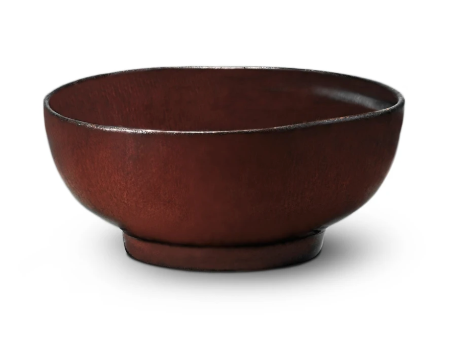 The Terra Wine Dinnerware bowl by L'Objet is a handcrafted, round, dark reddish-brown piece with a slightly flared rim and small circular base, shown on a white background.
