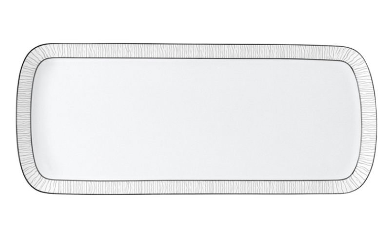 The Bernardaud Dune Dinnerware platter is a rectangular white Limoges porcelain piece with rounded corners and a subtle textured gray border.
