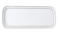 The Bernardaud Dune Dinnerware platter is a rectangular white Limoges porcelain piece with rounded corners and a subtle textured gray border.