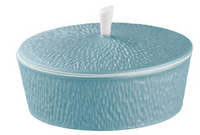 The Raynaud Mineral Irise Dinnerware Sky Blue features a round Limoges porcelain container with a textured surface, matching lid, and white handle—an elegant accent for modern table settings.