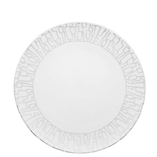 The Rosenthal Skin Platinum TAC 02 Dinnerware is a white round porcelain plate featuring a geometric silver rim pattern and platinum accents, shown on a white background. Made in Germany.