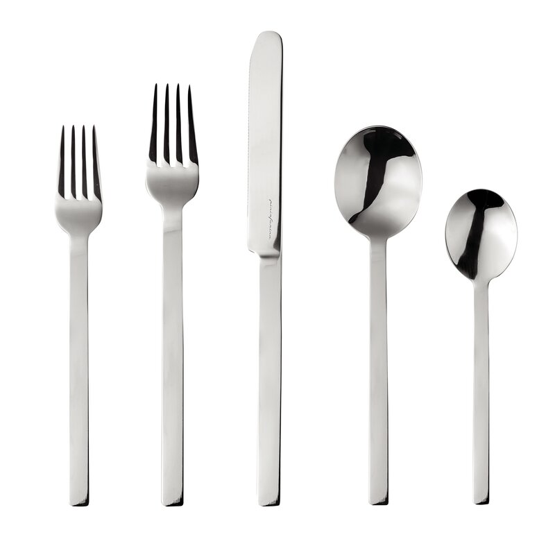 The Mepra Stile Flatware 5 Piece Setting includes a dinner fork, salad fork, dinner knife, soup spoon, and teaspoon in modern 18/10 stainless steel.