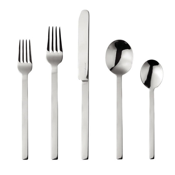 The Mepra Stile Flatware 5 Piece Setting includes a dinner fork, salad fork, dinner knife, soup spoon, and teaspoon in modern 18/10 stainless steel.