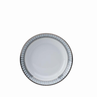 A white Limoges porcelain bowl from the Philippe Deshoulieres BIA Arcades Platinum Dinnerware collection, featuring a decorative rim with gray and silver geometric patterns, set against a white background.