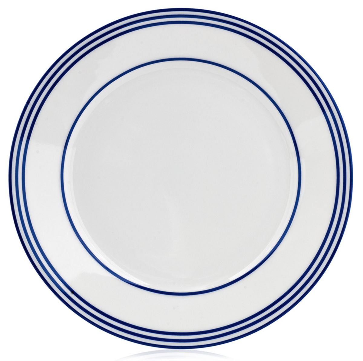 The Latitudes Dinnerware by Royal Limoges is a round white ceramic plate made in France, featuring three evenly spaced blue rings near the rim, displayed on a plain white background.