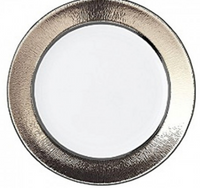 The Bernardaud Dune Dinnerware: a round, white Limoges porcelain plate with a textured metallic gold rim, displayed from above against a white background—an elegant addition to any table.