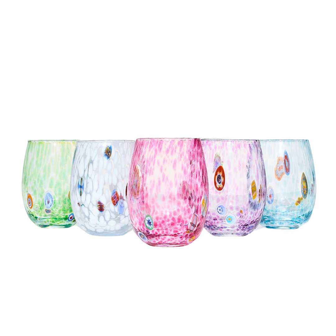 The Kim Seybert Gala Stemless Tumbler Set 4 features four vibrant glass tumblers with multicolored mosaic patterns, inspired by the timeless artistry of Murano Glass and perfect for stylish entertaining.