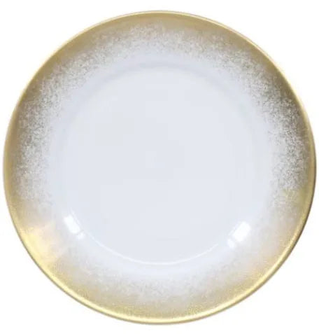 The Golden Fire Dinner Plate by Royal Limoges is a round, white, handcrafted plate with a gold gradient rim, subtle speckles near the edge, and a plain glossy center.