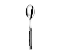 The Capdeco Conty Serving Spoon Grey features a stainless steel oval bowl and a handle that transitions from metal to gray marbled acrylic, shown isolated on a white background.