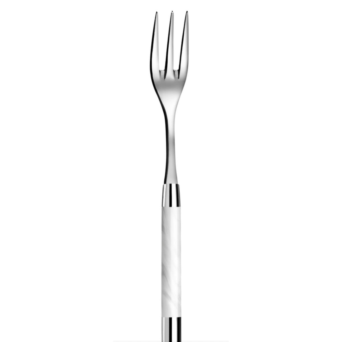 The Capdeco Conty Serving Fork White is a French-made three-pronged fork crafted from 18/10 stainless steel, featuring a shiny neck and a white, marble-like handle, shown on a plain white background.