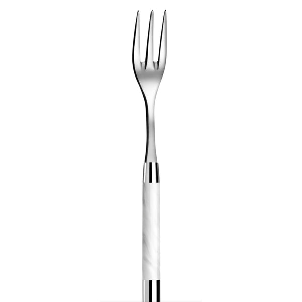 The Capdeco Conty Serving Fork White is a French-made three-pronged fork crafted from 18/10 stainless steel, featuring a shiny neck and a white, marble-like handle, shown on a plain white background.
