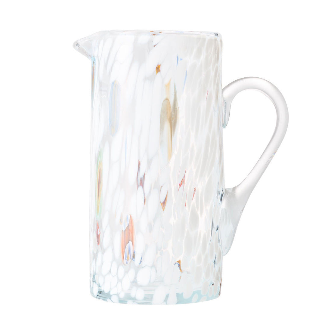 The Kim Seybert Gala Pitcher White is a glass pitcher with a handle, featuring a white textured pattern, subtle multicolored spots, and a glossy, slightly translucent finish.
