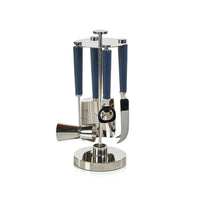 The Zodax Laguna Tool Bar Set features stainless steel tools with blue handles, including a jigger, bottle opener, knife, and more on a sleek circular stand—ideal for stylish nickel bar accessory seekers.