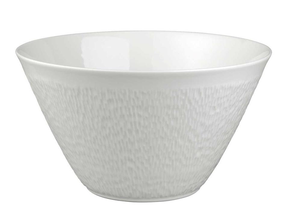 The Raynaud Mineral Dinnerware Glazed White bowl features a subtle textured exterior and smooth, glossy interior, crafted from fine Limoges porcelain, and is shown against a plain white background.