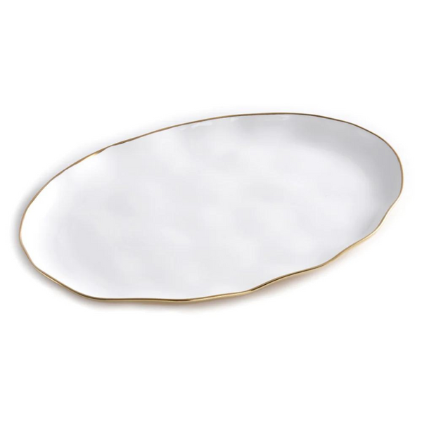 The Moonlight Oval Tray by PAMPA BAY is a white porcelain platter with an uneven wavy edge and a slim gold titanium rim, shown on a plain white background.