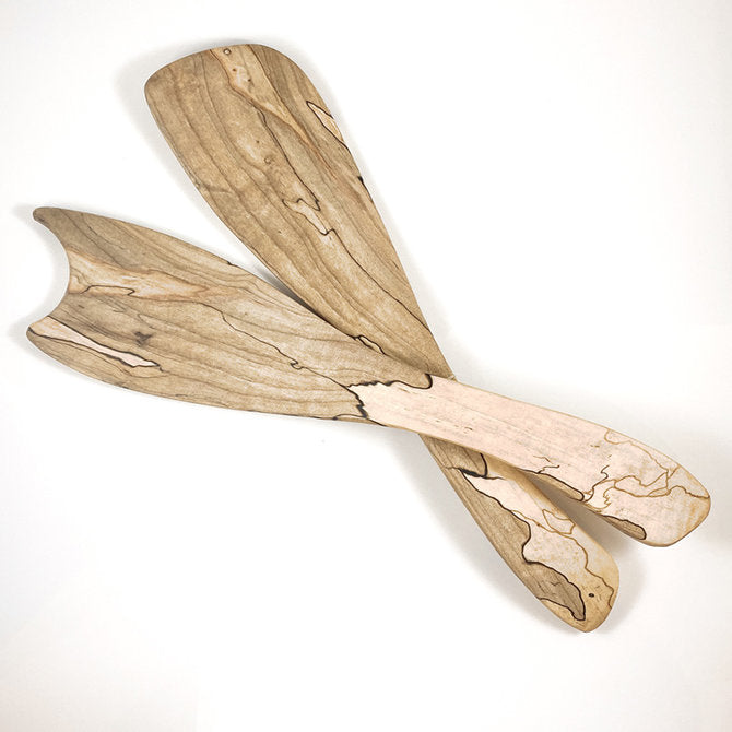 Two Peterman Spalted Maple Rustic Salad Tossers, featuring natural dark streaks and unique grain patterns, are arranged in an overlapping X shape on a white background.
