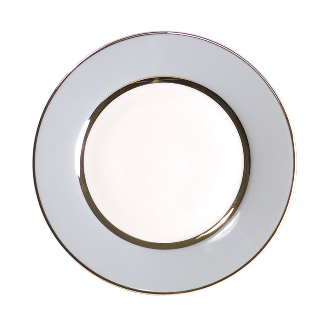 The Recamier MAK Grey & Platinum Dinnerware by Royal Limoges/Bia Cordon Bleu features a white porcelain plate with a wide platinum rim—a sophisticated choice for modern tables, shown from above on a neutral background.