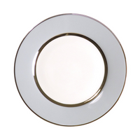 The Recamier MAK Grey & Platinum Dinnerware by Royal Limoges/Bia Cordon Bleu features a white porcelain plate with a wide platinum rim—a sophisticated choice for modern tables, shown from above on a neutral background.