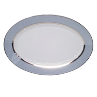 The Recamier MAK Grey & Platinum Dinnerware by Royal Limoges/Bia Cordon Bleu is an oval white porcelain plate with a reflective platinum rim, shown against a plain white background.