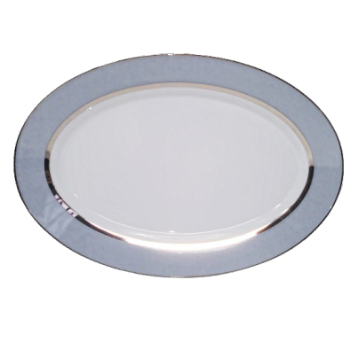 The Recamier MAK Grey & Platinum Dinnerware by Royal Limoges/Bia Cordon Bleu is a contemporary oval plate crafted from Limoges porcelain, accented with a shiny handpainted platinum rim and shown on a white background.