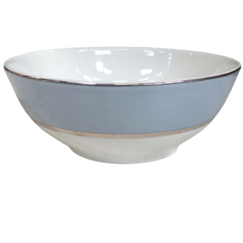 The Recamier MAK Grey & Platinum Dinnerware by Royal Limoges/Bia Cordon Bleu features a white ceramic bowl with a light blue band and handpainted platinum rim, ideal for contemporary settings; shown on a plain white background.