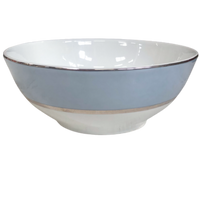 The Recamier MAK Grey & Platinum Dinnerware by Royal Limoges/Bia Cordon Bleu features a white ceramic bowl with a light blue band and handpainted platinum rim, ideal for contemporary settings; shown on a plain white background.