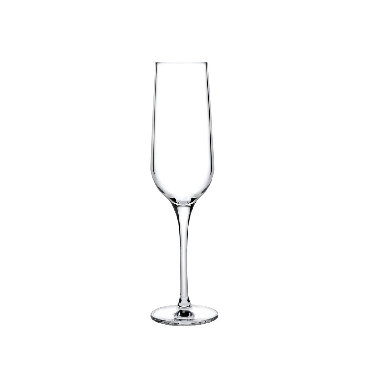 Centered against a white background, the Nude Glassware Refine Glassware Set of 2 features clear, lead-free crystal champagne flutes with long stems and narrow bowls, highlighting the elegance of fine glassware.